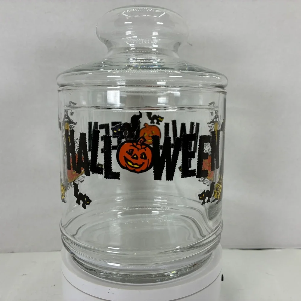 Vintage Halloween Glass Candy Jar Witch Black Cat Pumpkin Apothecary Canister